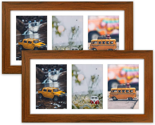 Golden State Art, Set of 2, 7x14 Brown Photo Solid Wood Collage Frame with Mat Displays (3) 4 x6 Pictures