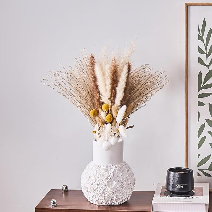 White Rose Hand-Carved Resin Vase – 8 Inch Decorative Bulb Vase for Pampas Grass, Centerpiece, Home Decor | Elegant Entryway, Countertop & Nightstand Accent | Unique Housewarming Gift
