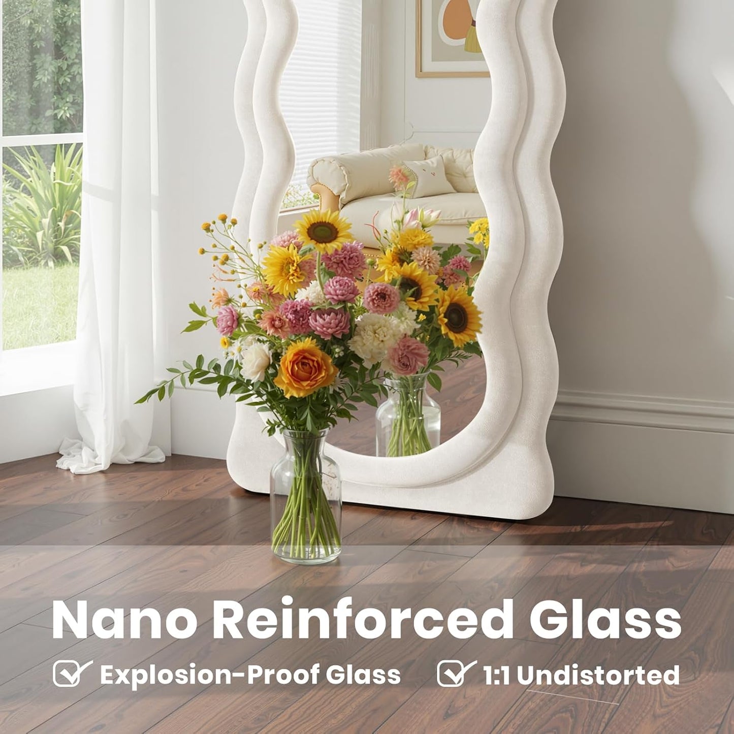 Full Length Mirror 71"x30" Arched Wavy Full Body Wall Mounted Floor Mirror Ivory Flannel Frame Leaning Hanging Wall Mirror for Bedroom Entrance