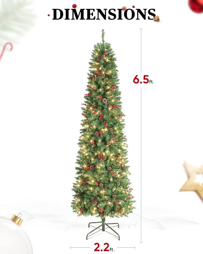6.5FT Prelit Slim Christmas Tree Pine Tree Decorated with 250 Clear Lights, Pine Cone and Red Berries for Festive Holiday Decor