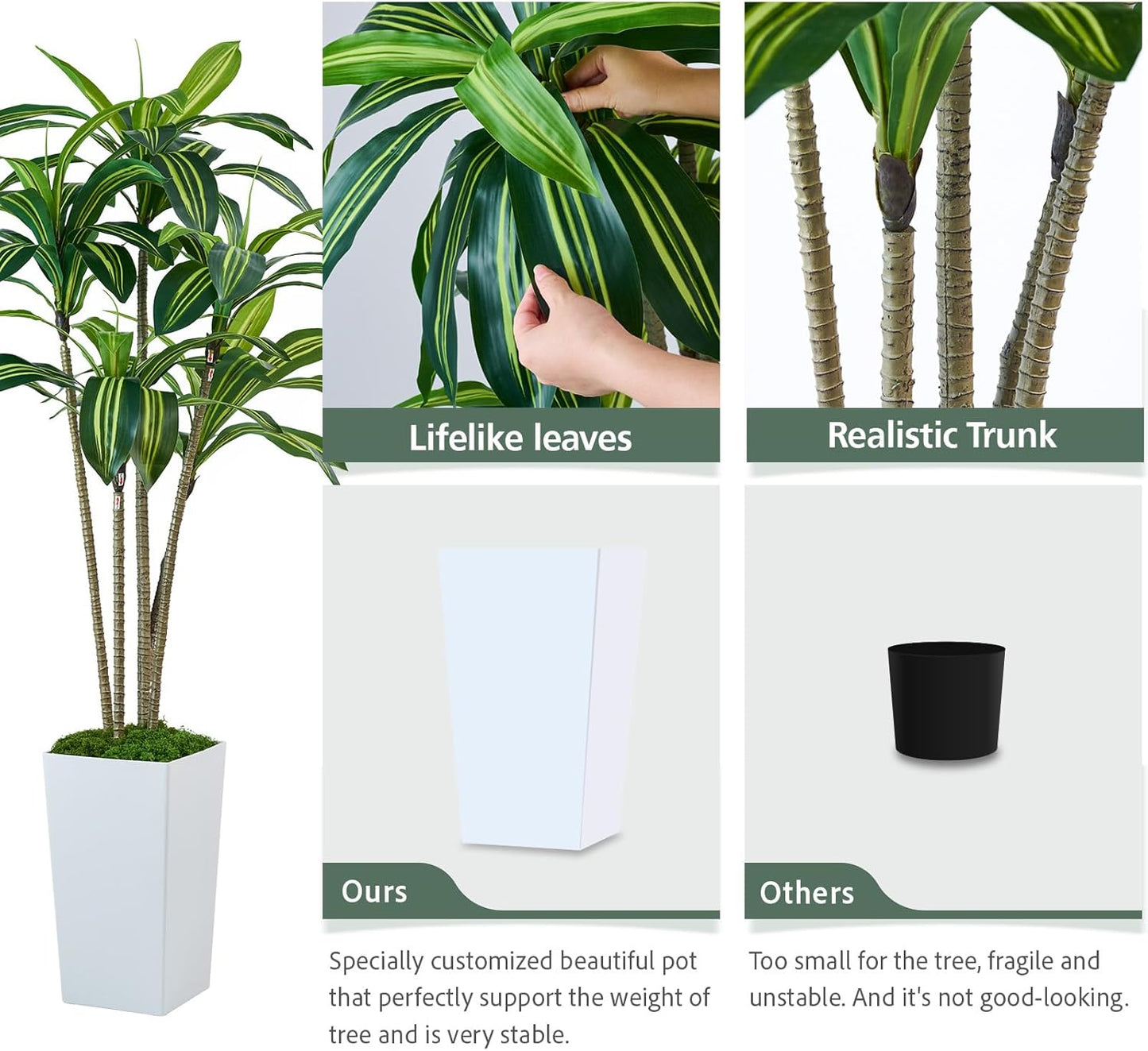 Dracaena Artificial Plants Indoor, 5FT Tall Faux Tree with White Tall Planter, Fake Yucca Tree Floor Plant, Artificial Trees for Home Office Living Room Garden Decor Outdoor, Housewarming Gift