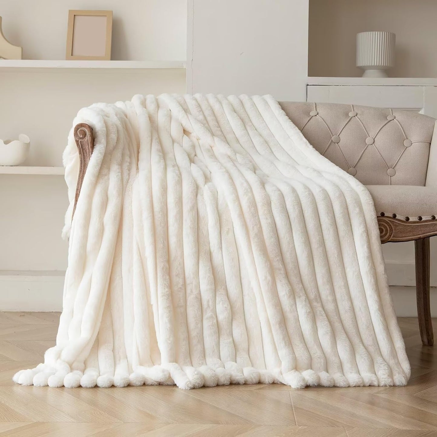 Cream White Faux Fur Throw Blanket for Couch, Fuzzy Cozy Soft Warm Plush Striped Throw Blanket, Christmas Decorative Fluffy Winter Blanket for Sofa Bed Living Room Home Decor, 60"x80"