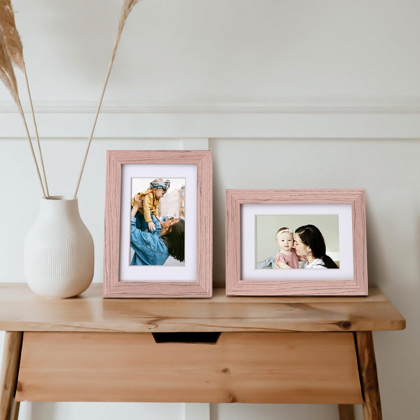 Egofine 4x6 Picture Frames Set of 4, Made of Solid Wood Covered by Plexiglass 3.5x5 with Mat or 4x6 without Mat, for Table Top Display and Wall Mounting Photo Frame Peach Pink