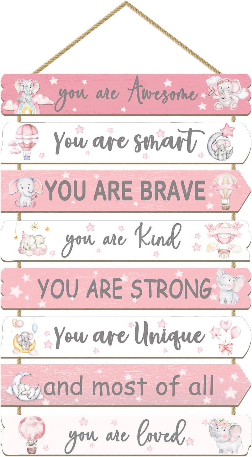 Girls Room Decor Elephant Wall Art Inspirational Wood Sign for Kids Bedroom Nursery Toddler Pink Decorations, 8 Pieces, 11.4"x2"