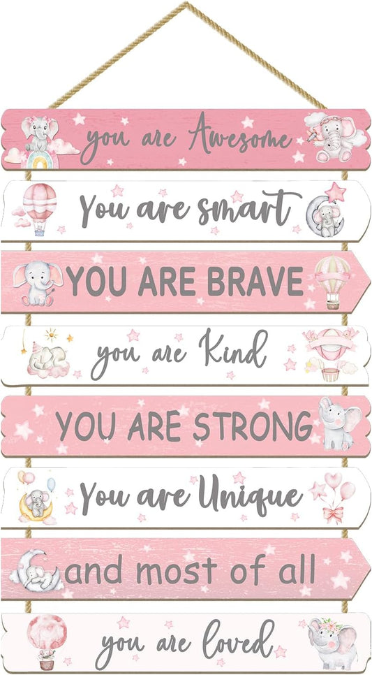 Girls Room Decor Elephant Wall Art Inspirational Wood Sign for Kids Bedroom Nursery Toddler Pink Decorations, 8 Pieces, 11.4"x2"