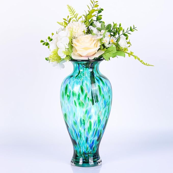 11.8" Tall Blown Teal Glass Vase, Green Opaque Glass Vase, Unique Design Turquoise Wide Mouth Art Decoration for Home, Living Room, Dining Table, Pampas Grass Decor (Greener)