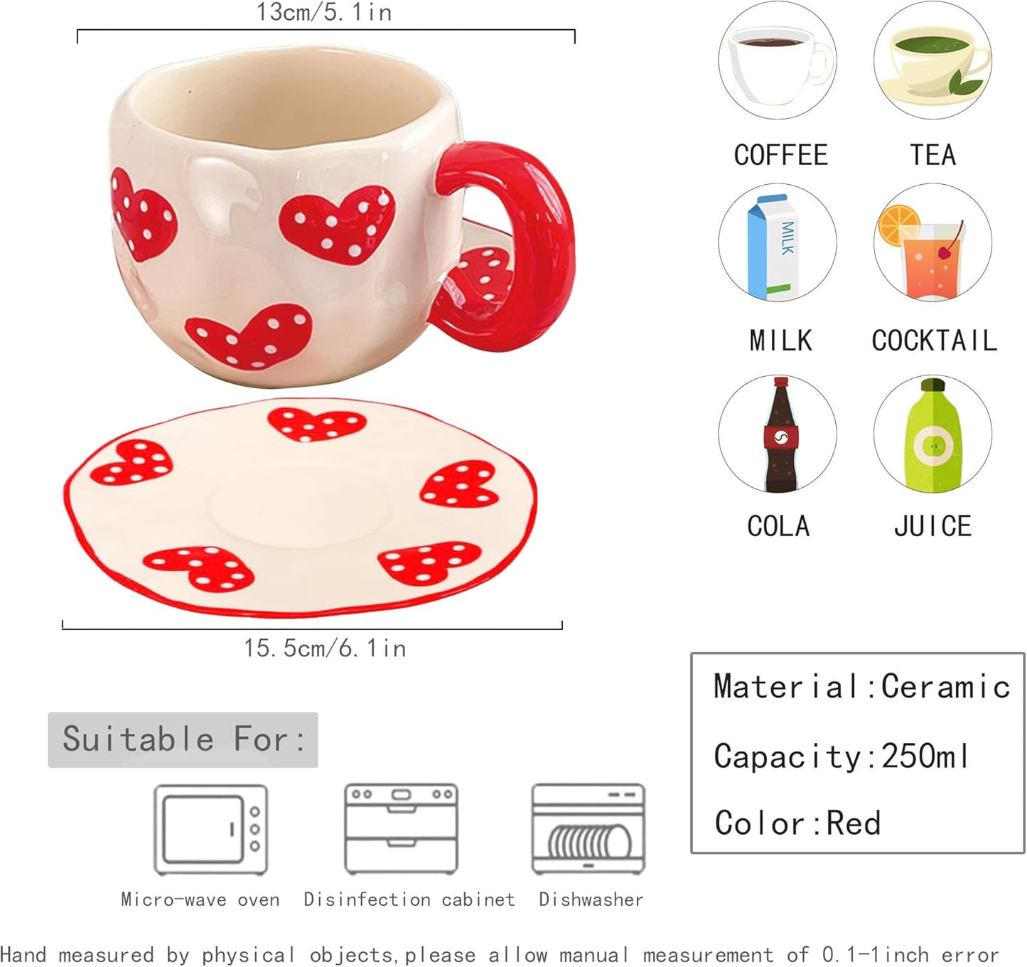 Cute Red Hearts Coffee Mugs Set - 250 ML Ceramic Cup Gifts for Women, Birthday, Tea, Coffee - Includes Saucer
