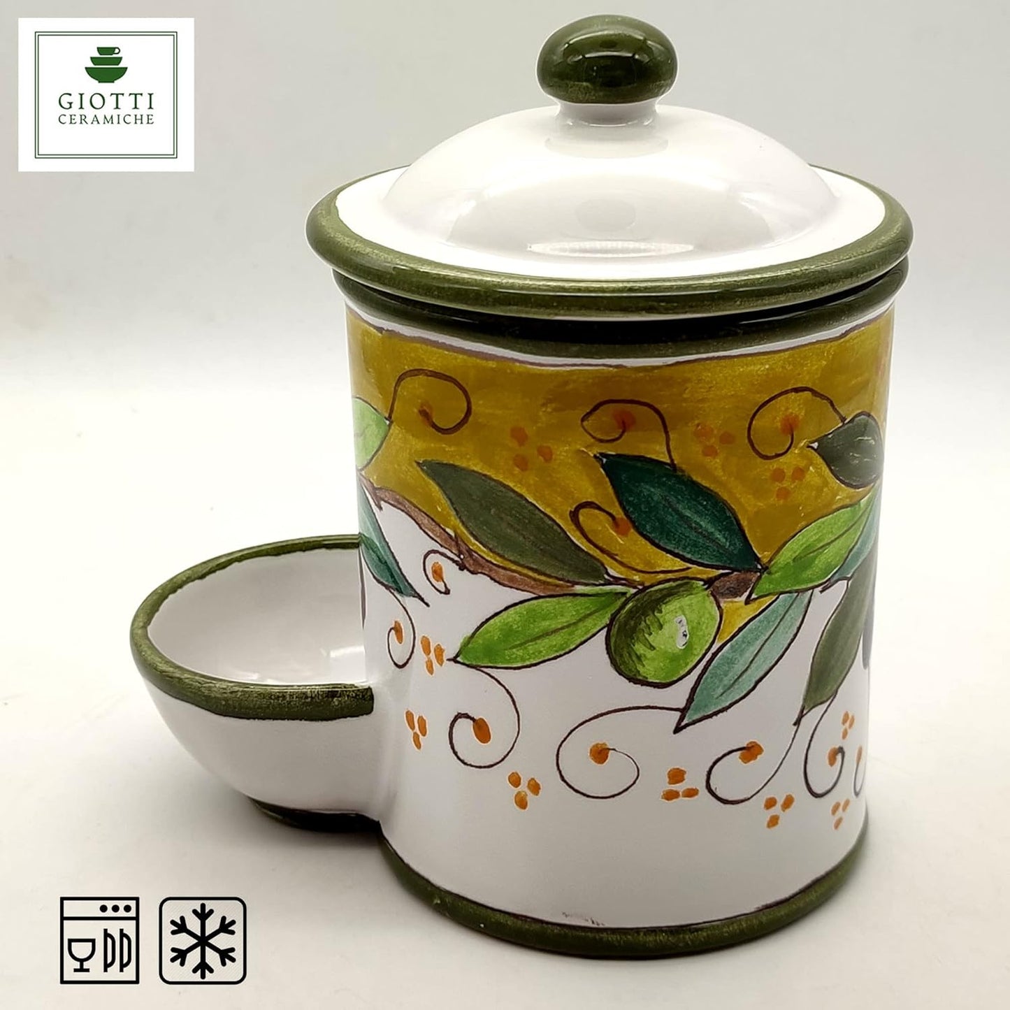 Italian Ceramic Salt Keeper - Hand Painted kitchen Storage Salt Jar with lid Tea Coffee and Spices- Made in ITALY Tuscany - Italian Pottery - Home Decor Olive