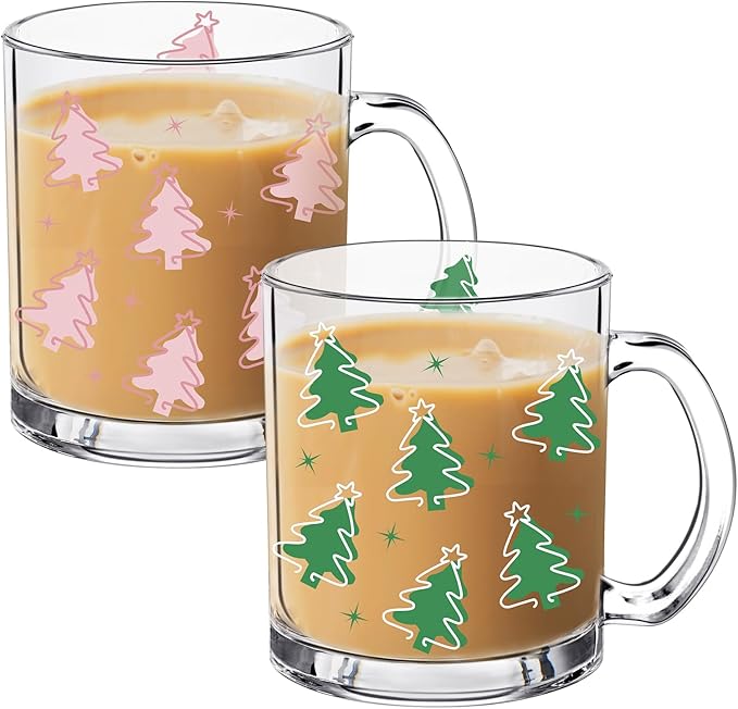 Tioncy Christmas Tree Coffee Mugs with Handle 12oz Christmas Tree Glass Cup Holiday Mugs Winter Christmas Iced Coffee Cup for Xmas Home Office Gifts