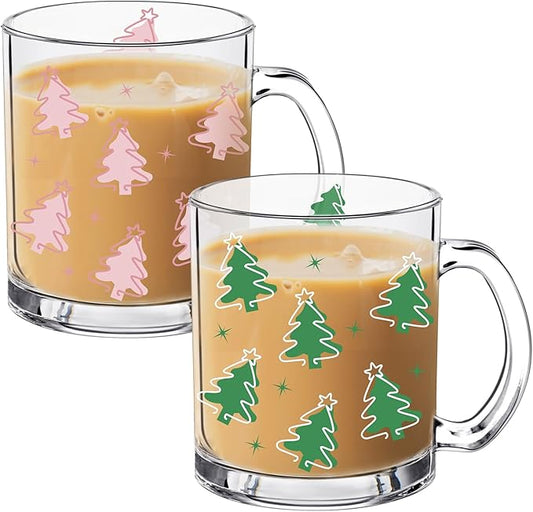 Tioncy Christmas Tree Coffee Mugs with Handle 12oz Christmas Tree Glass Cup Holiday Mugs Winter Christmas Iced Coffee Cup for Xmas Home Office Gifts