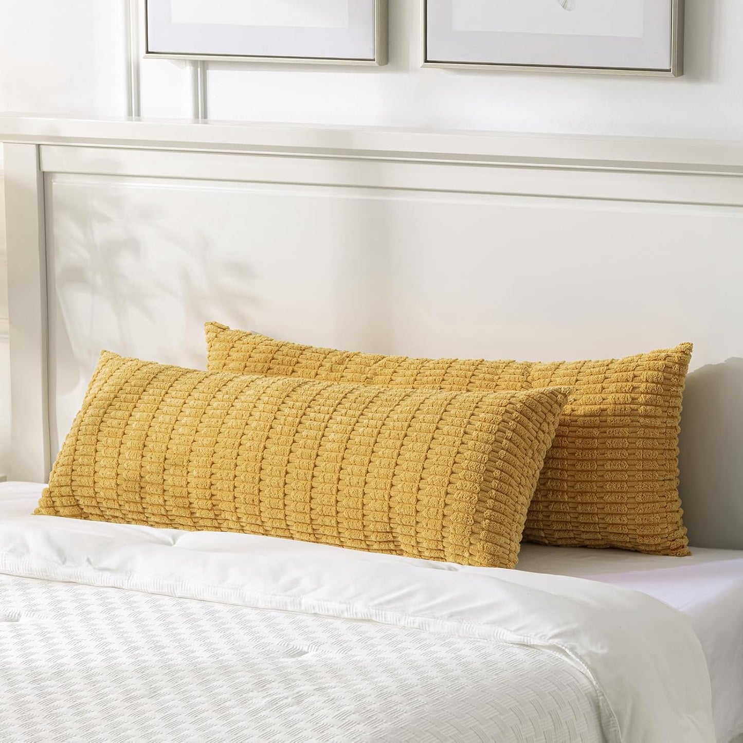 Fancy Homi Mustard Yellow Long Body Lumbar Lumbar Decorative Throw Pillow Covers 14x36 Inch for Bed Couch Bedroom Bench, Soft Corduroy Rectangle Solid Pillow Case, Rustic Farmhouse Boho Room Decor