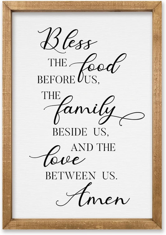 comurdyo Kitchen Wall Decor Bless the Food Before Us Prayer Farmhouse Christian Sign 16"×11" Framed Wood for Small Modern Religious Holy Dining Room Kitchen Plaque Wall Art Hanging (Wood)