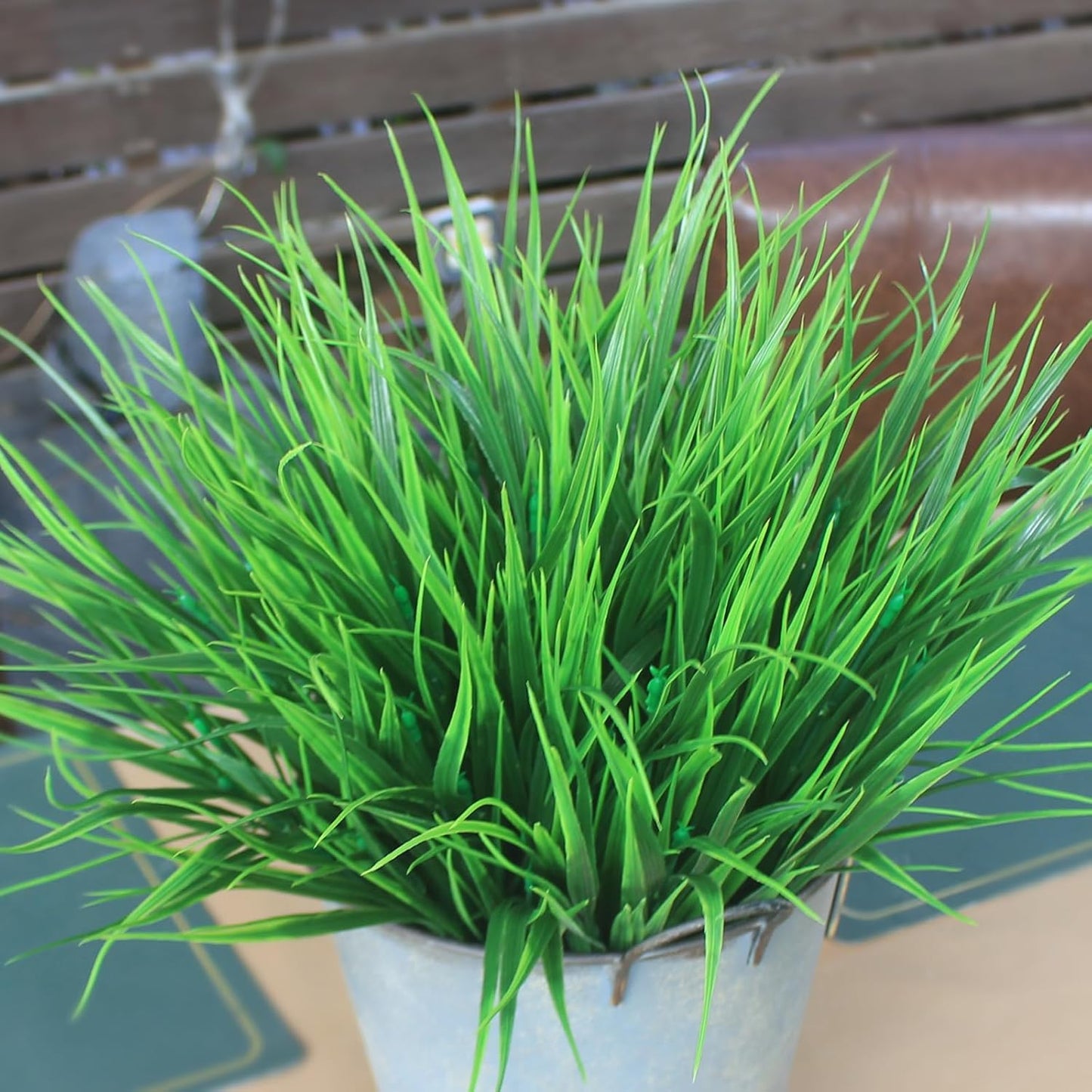 Faux Outdoor Plants 12 Bundles Artificial Boxwood Shrubs Grass Fake Greenery Green Plastic Leaf for Groud Planter Front Porch Patio Decor (12 Bundles Green Grass Plants)