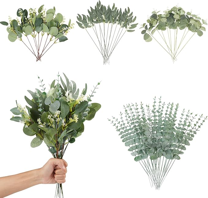 120 Pcs 4 Kinds Mixed Eucalyptus Leaves Stems Bulk Artificial Silver Dollar Leaves Picks Dried Eucalyptus Bundle Faux Spray for Wedding Vase Bouquet Floral Arrangement