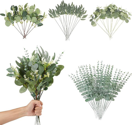 120 Pcs 4 Kinds Mixed Eucalyptus Leaves Stems Bulk Artificial Silver Dollar Leaves Picks Dried Eucalyptus Bundle Faux Spray for Wedding Vase Bouquet Floral Arrangement