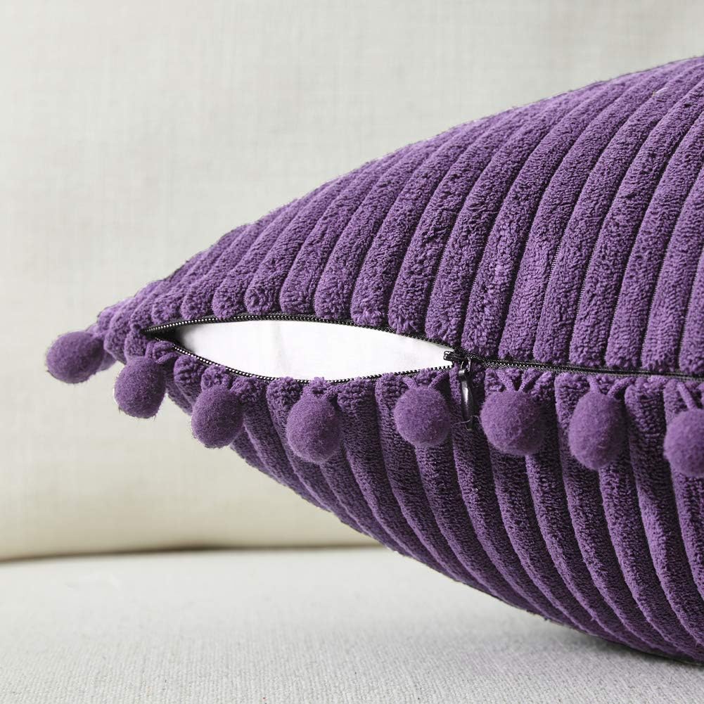 Fancy Homi Pack of 2 Purple Decorative Throw Pillow Covers 20x20 Inch with Pom-poms, Soft Corduroy Solid Square Cushion Cases Set for Living Room Couch Sofa Bedroom Car (20x20 Inch/50x50 cm, Purple)