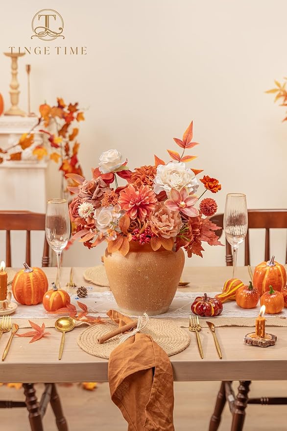 TINGE TIME Roses Artificial Flowers Orange Faux Flowers Bulk for DIY Bridal Wedding Bouquets Baby Shower Fall Centerpiece Table Home Decorations