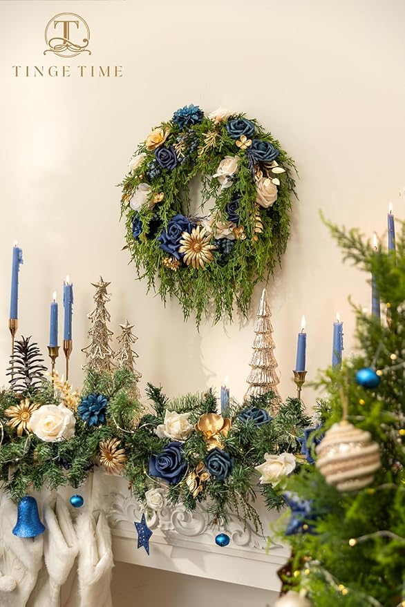 TINGE TIME Roses Artificial Flowers Blue Faux Flowers Bulk for DIY Bridal Wedding Bouquets Baby Shower Centerpiece Table Home Decorations(Navy Blue)