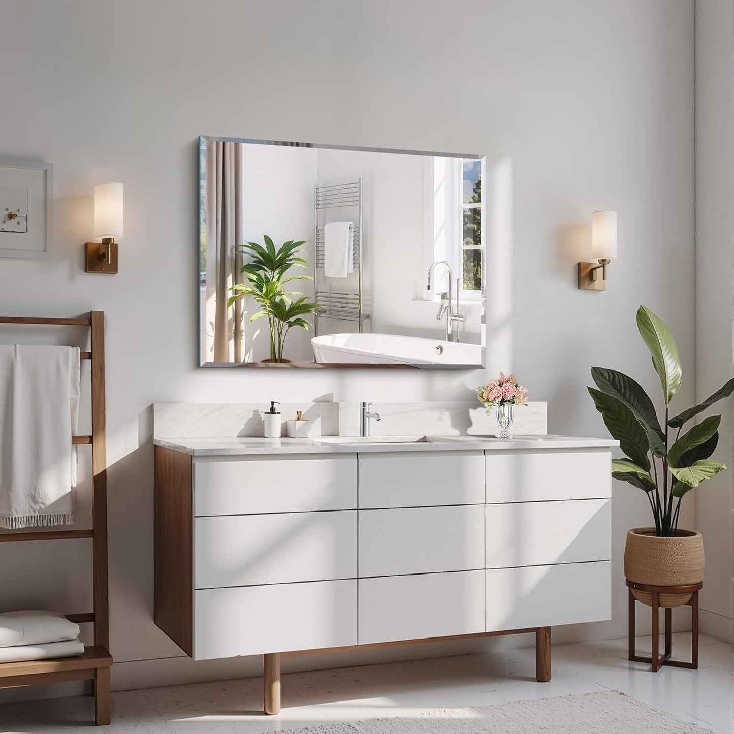 Beveled Mirror, 24x30 Frameless Beveled Bathroom Mirrors for Wall, Upgraded Shatterproof Rectangle Vanity Mirror with Beveled Edge for Bathroom, Bedroom, Living Room and Entryway