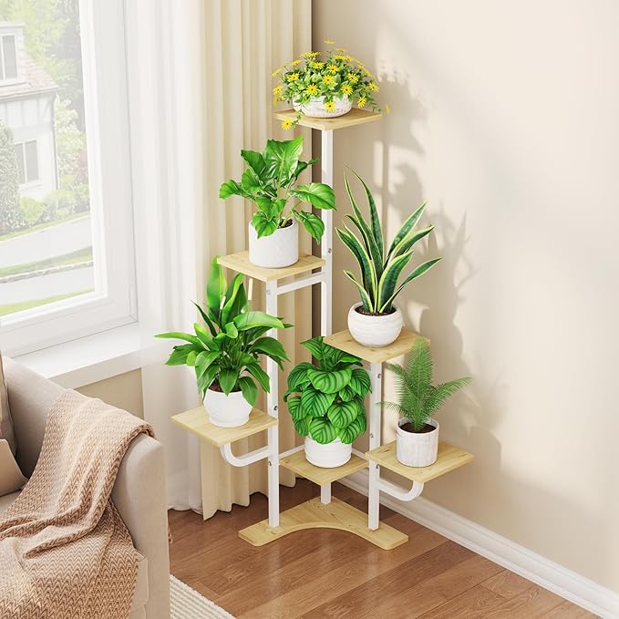 Corner Plant Stand with Grow Light - 6 Tier Plant Stand Indoor Square Metal Plant Shelf with Adjustable Light, Plant Organizer for Living Room, Graden, Home Decor (Maple)