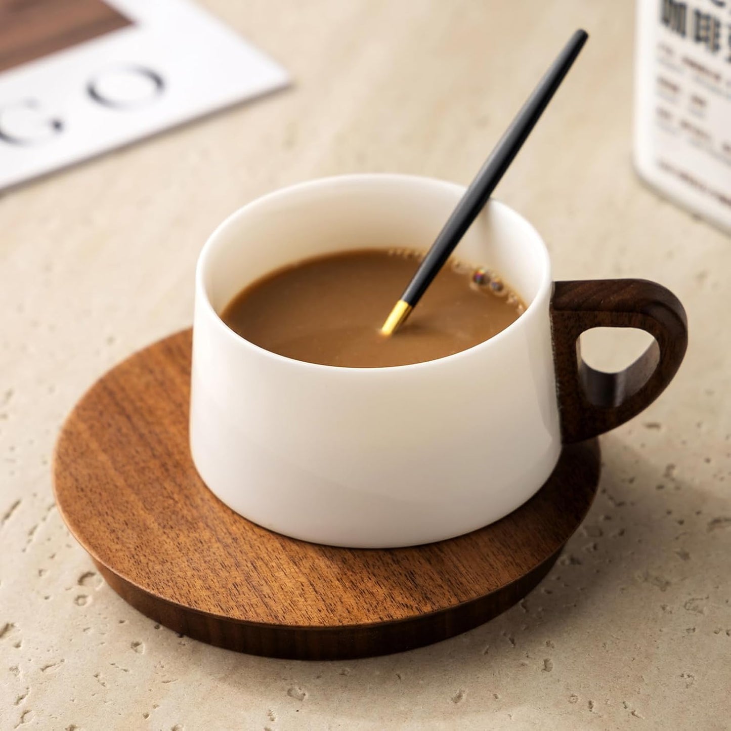 GLLead White Tea Cup and Saucer Set Ceramic Espresso Coffee Cup with Wooden Plate Stainless Spoon 6oz Set of 1 (GL-CS01)