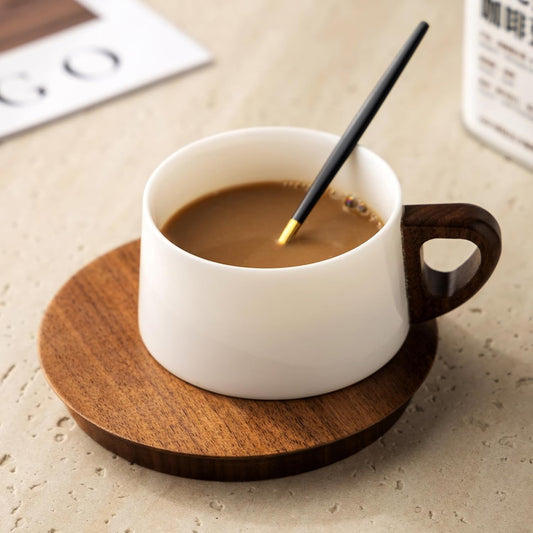 GLLead White Tea Cup and Saucer Set Ceramic Espresso Coffee Cup with Wooden Plate Stainless Spoon 6oz Set of 1 (GL-CS01)