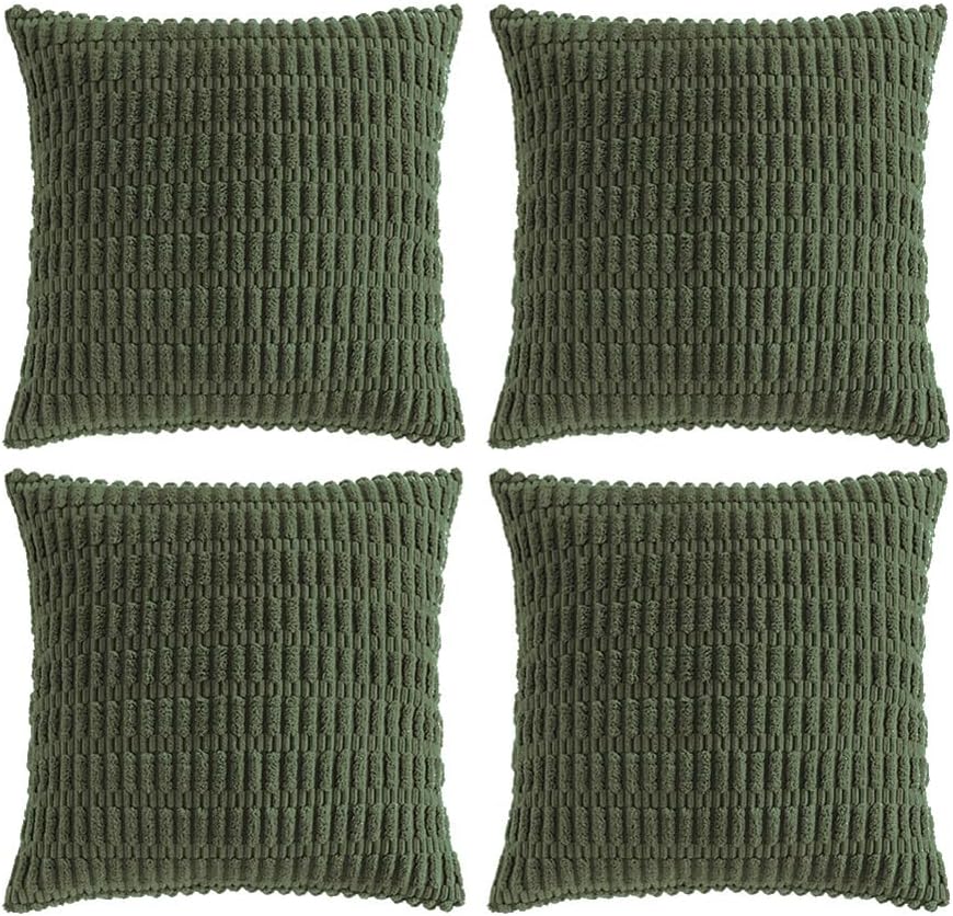Fancy Homi 4 Packs Boho Olive Green Decorative Throw Pillow Covers 14x14 Inch for Couch Bed Sofa, Rustic Modern Farmhouse Home Decor, Soft Plush Corduroy Cute Square Cushion Case 35x35 cm