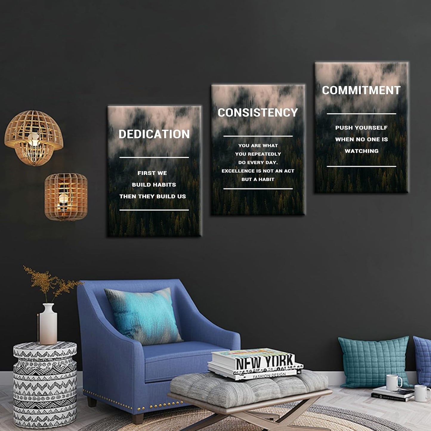 Inspirational Poster Wall Decor Dedication Consistency Commitment Motivational Wall Art Positive Signs Print on Canvas Picture Painting for Living Room Workplace Artwork Ready to Hang [60''Wx28''H]