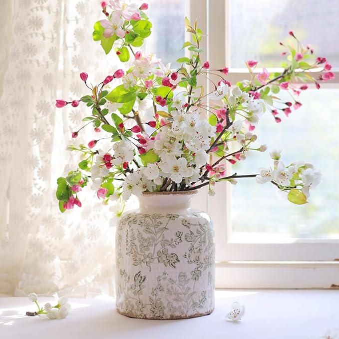 Vintage Floral Chinoiserie Ceramic Vase, 6.2” Ice Cracked Hand-Painted Pastel Green Botanical Design, Antique Style Home Decor (Green, 6.2”x5.2”)