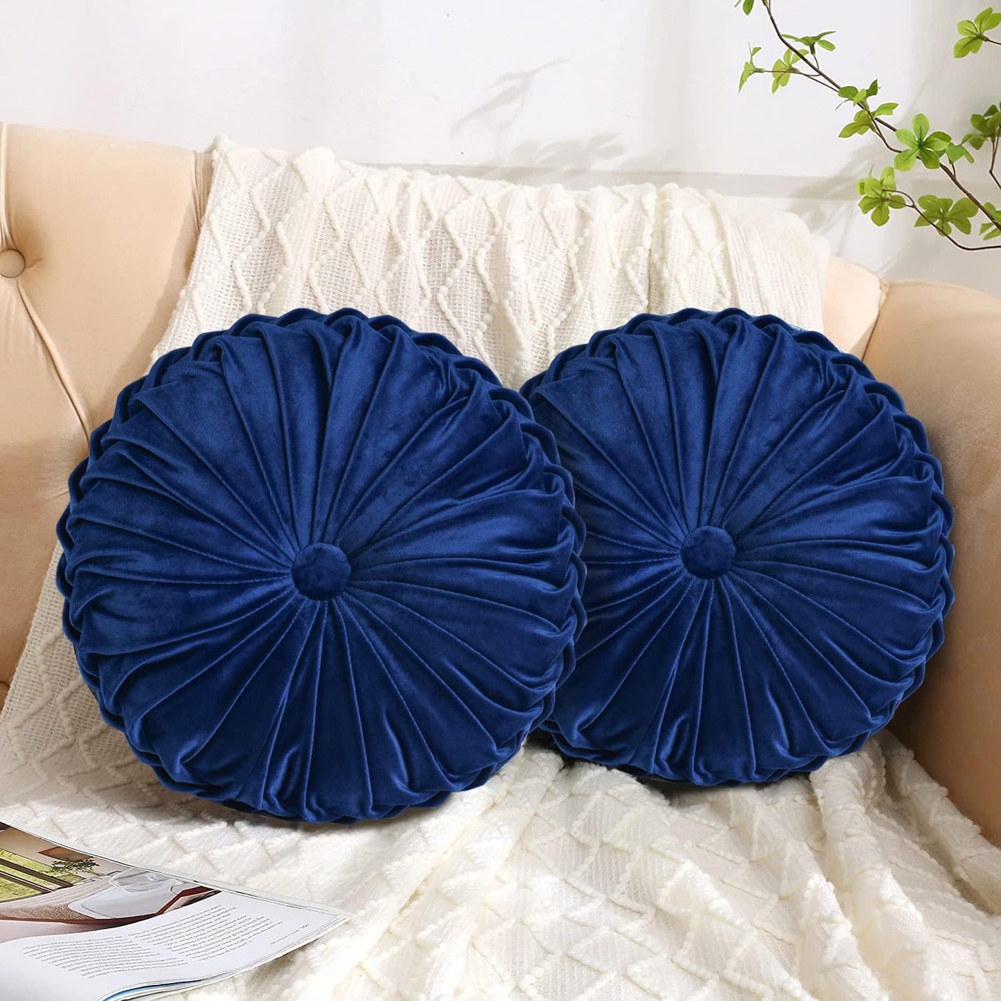 HIG Set of 2 Decorative Round Pleated Throw Pillows, Classy Accent Pumpkin Throw Pillows with Center Button, Vintage Velvet Floor Pillows for Sofa Couch Vanity Chair Bed, Navy, 14.5" Diameter(Ripple)