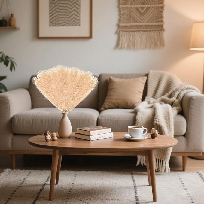 30 Pcs Khaki Faux Pampas Grass, 17 Inches Artificial Pampas Grass Bulk, Short Fluffy Faux Pompas for Vase Filler, Home Boho, Wedding Anniversaries, Baby Shower Decoration