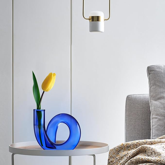 Joeyan Handmade Small Blue Glass Flower Vase,Decorative Geometric Glass Bud Vase for Modern Home Centerpieces Living Room Office,4.72" Abstract Vase for Single Flower and Dry Flowers