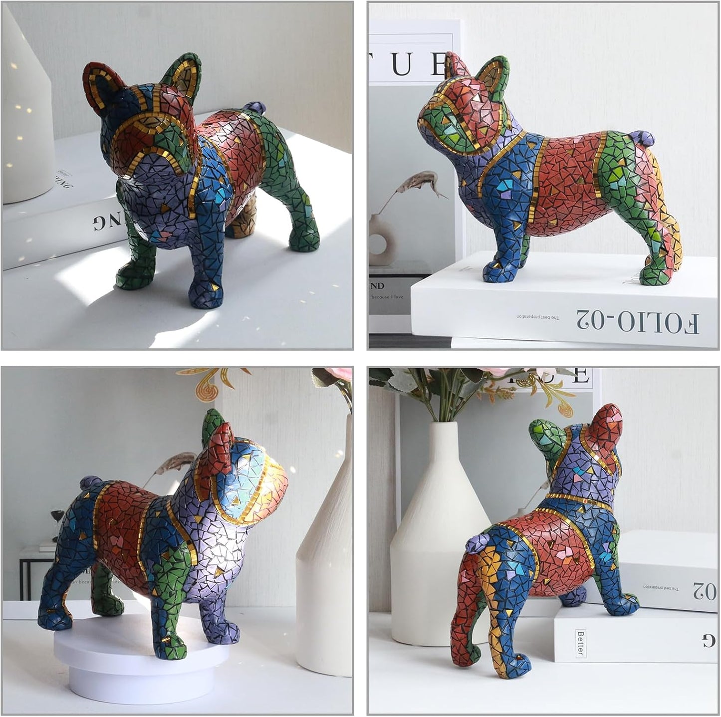 Lukitas French Bulldog Statue Home Decor, Colorful Dog Sculpture, Mosaic Animal Ornament Figurine for Living Room Office Garden Yard, Resin 7.5''