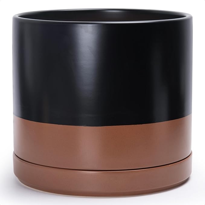 D'vine Dev 14 Inch Ceramic Planter Pot with Drainage Hole and Saucer, Indoor Cylinder Round Planter Pot, Black/Speckled Tan, 94-O-G-7