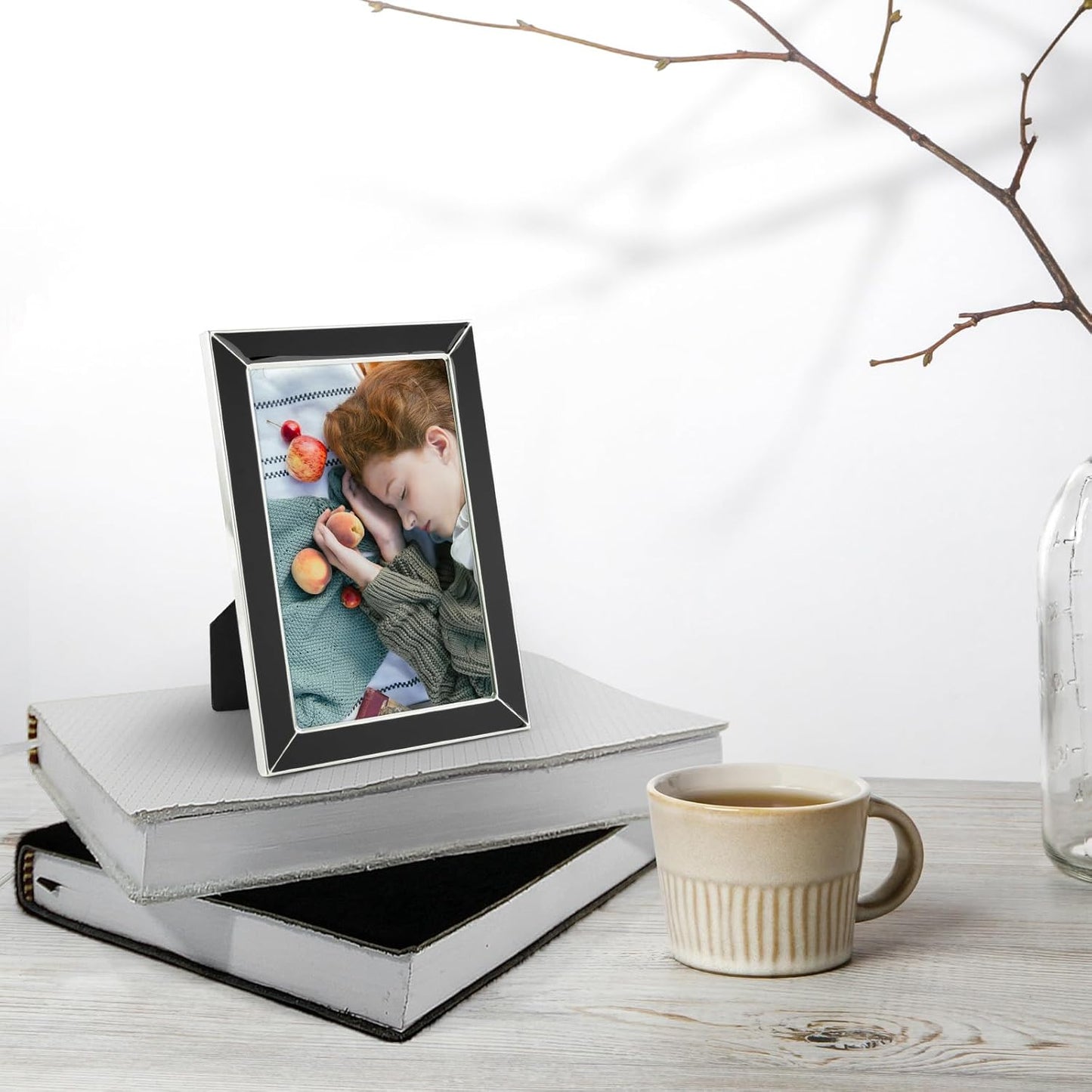 Frametory Enamel Picture Frame - 4x6 Silver Metal Edge Black Enamel Picture Frame With Easel and Velvet Back for Tabletop Display, Bookshelf, 4x6 Wall Decoration, Photo Frames, Picture Display-2 Set