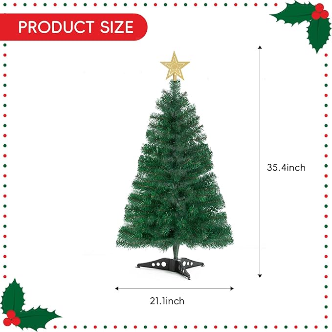 3FT Artificial Christmas Tree with Lights Green Mini Tabletop Christmas Tree with Plastic Stand and Tree Topper Lighted Battery Operated Mini Xmas Pine Tree for Indoor Outdoor Holiday Home Decoration