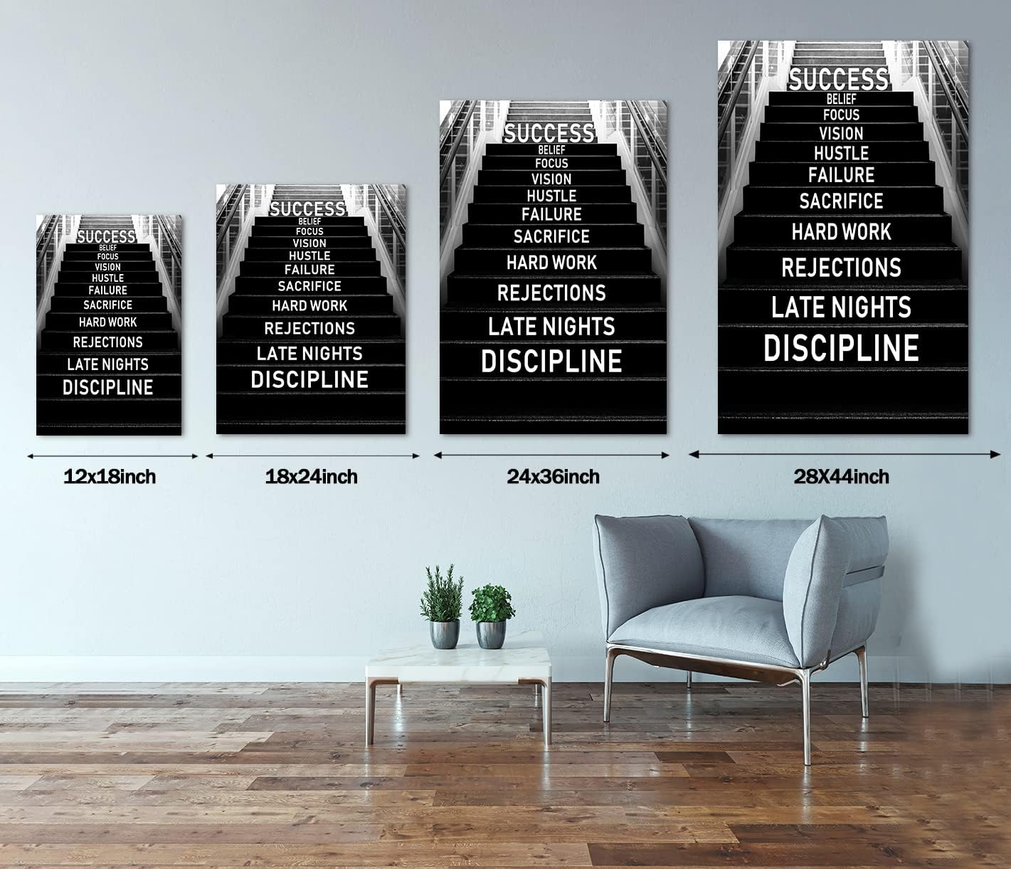 Large Inspirational Wall Art - Black and White Success Poster Positive Quotes Wall Decor Modern Motivational Artwork for Office Home, Framed & Stretched 28 x 44 inch