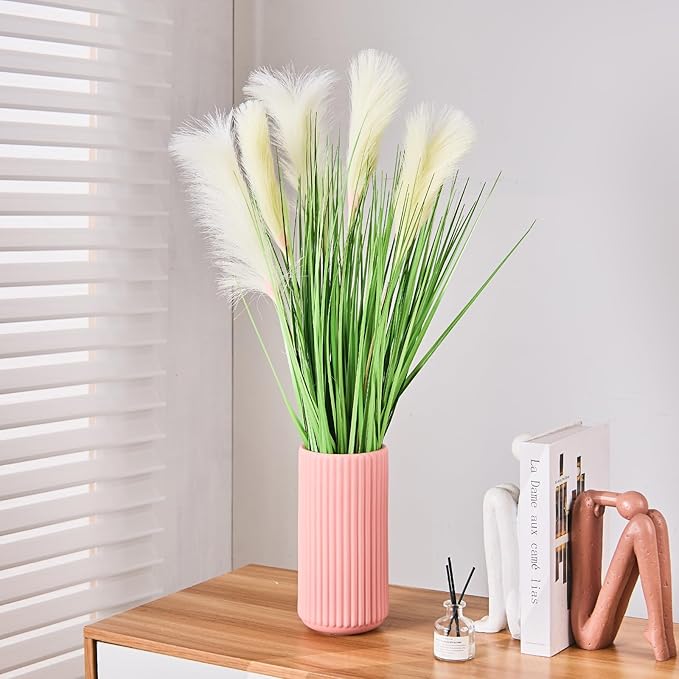Pink Ceramic Flower Vase for Pampas Grass, 8 inch Small Decorative Centerpiece Ribbed Vase for Dining Table, Office Desktop, Shelf Bookshelf, Mantel, Entryway, Bathroom, Countertop, Farmhouse, Gift