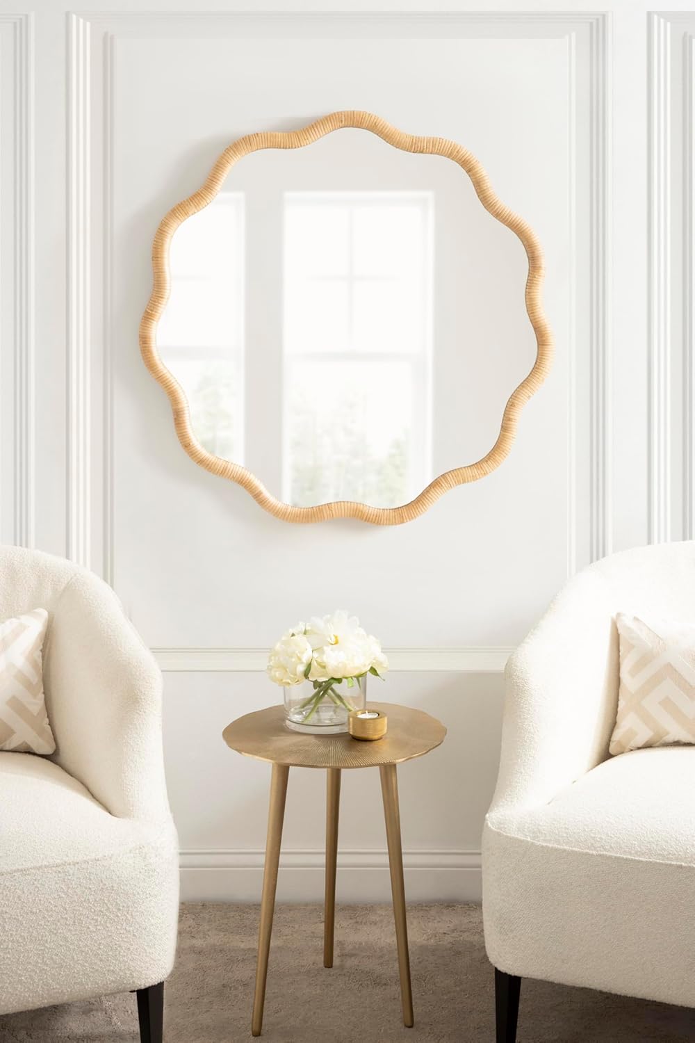 Kate and Laurel Rahfy Boho Scalloped Round Rattan Mirror, 32 Inch Diameter, Natural Wood, Decorative Round Wavy Mirror with Authentic Rattan Frame for Boho Wall Decor