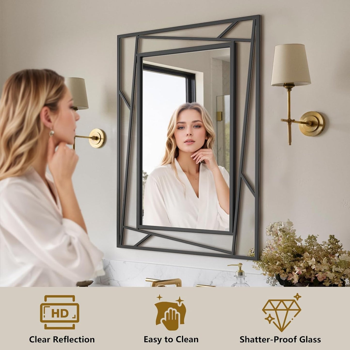 Black Bathroom Mirror for Wall 28''X20'' Matte Black Rectangle Wall Mirror with Geometric Metal Frame, Anti-Rust, Hang Horizontally or Vertically