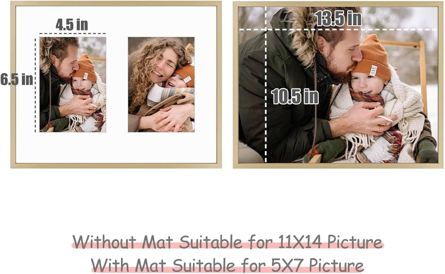 Frametory - 11x14 Aluminum Collage Picture Frame - Display 5x7 Pictures with 2 Openings Mat - Real Glass Front - Horizontal/Vertical Wall Mount - Gold 1 Pack