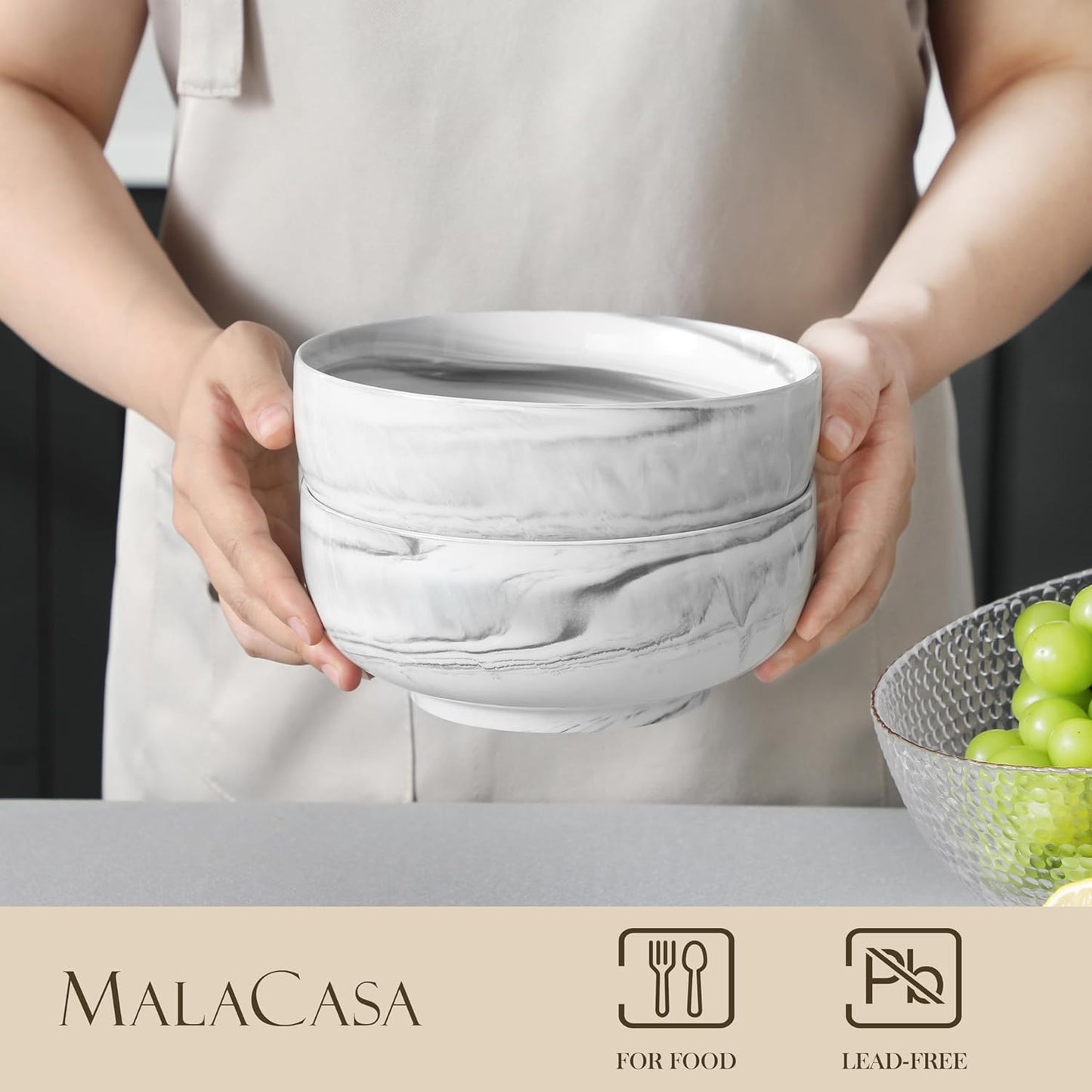 MALACASA Large Marble Grey Ceramic Soup & Salad Bowls Set of 2, 44 OZ (7"), Dishwasher & Microwave Safe, Series REGULAR
