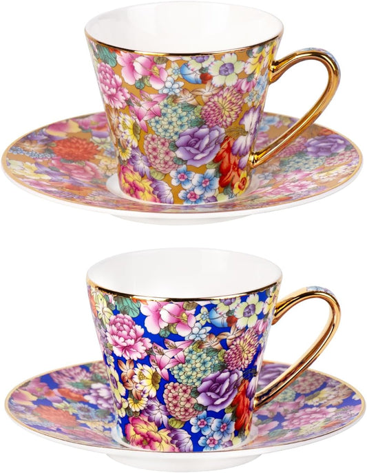 KAMMAK Tea Cups and Saucers Set of 2, Porcelain Coffee Cup with Saucer for Espresso, Cappuccino, 7.5oz Vintage Yellow Floral Ceramic Demitasse Mug for Home, Tea Party, Office