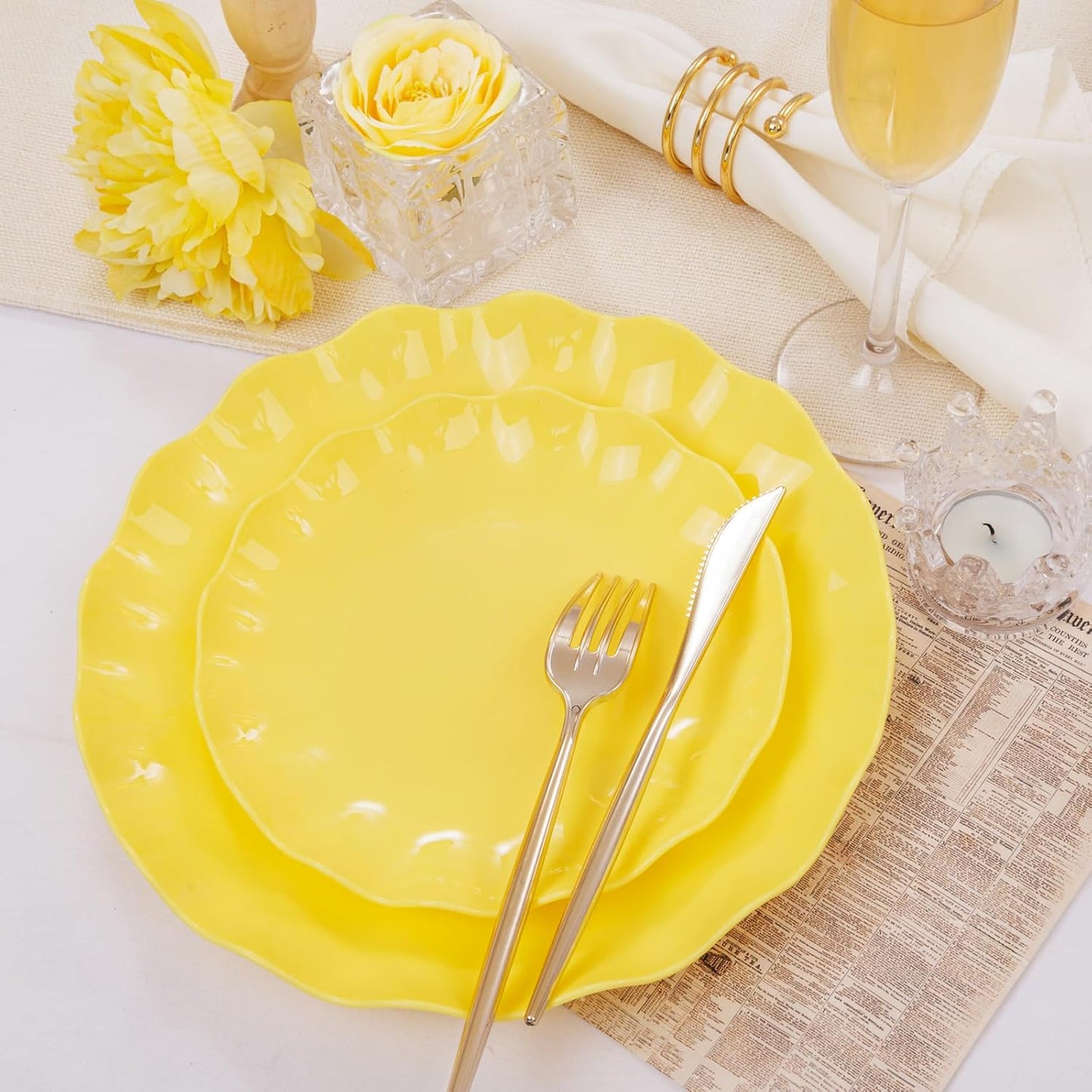 LIYH 24 Pcs Yellow Plastic Plates Reusable, Unbreakable Dinner Plates, Salad Plate, Microwave & Dishwasher Safe, Plate Sets Perfect for Parties,Birthday,Picnics (12guests)