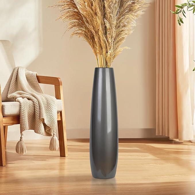 Silvery Ceramic Tall Floor Vase,24 Inch Large Modern Flower Vases for Home Décor,Wicker Big Floor Vase Decorations for Farmhouse, Living Room,Bedroom,Standing Plastic Vase Decorative Tall