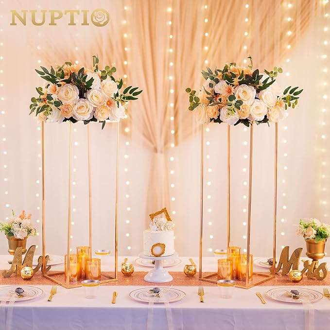 NUPTIO 2 Pcs Metal Flower Floor Vase Column Geometric Centerpieces Flower Stand for Tables, 31½ inch Tall Gold Flower Holder for Home Party Wedding Decorations, Rectangular Display Rack