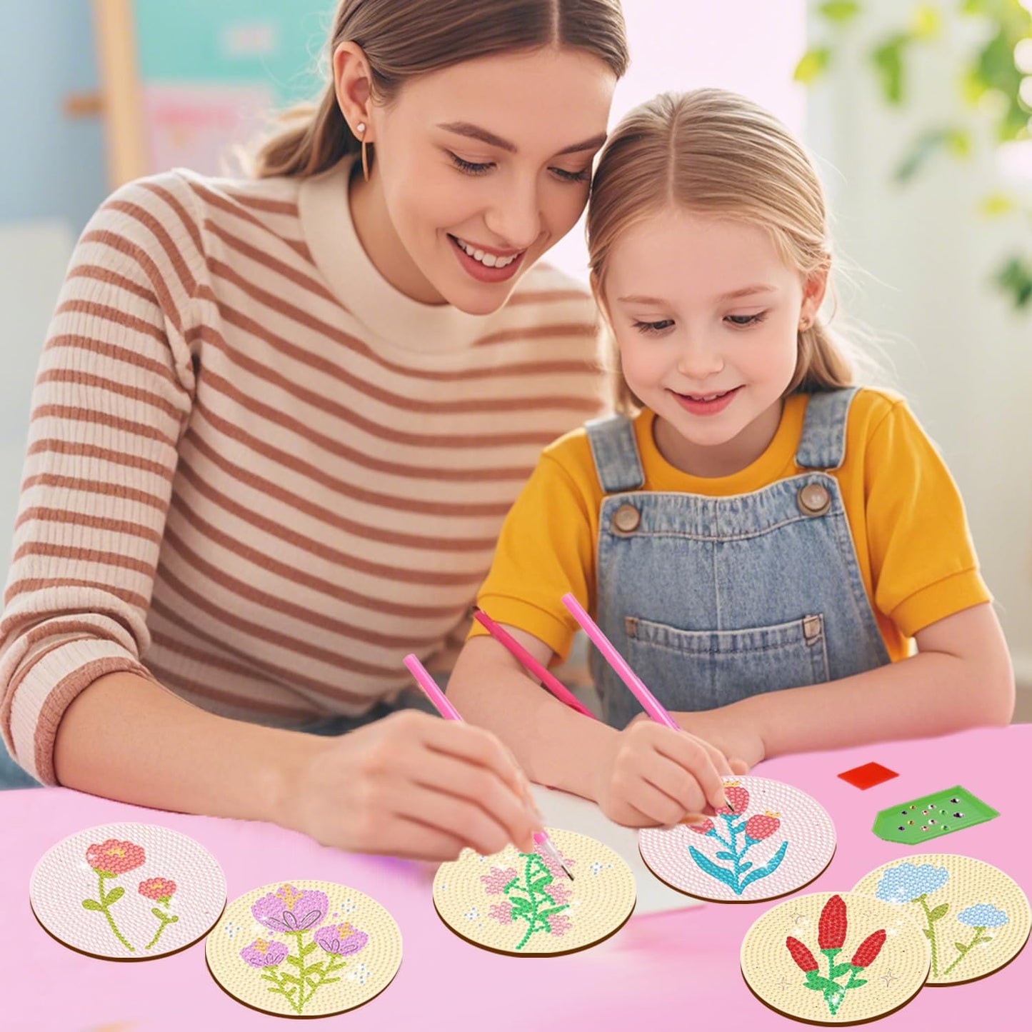 DOTSOPS Flowers Diamond Art Coaster with Holder 5D Diamond Painting Kits for Adults Round Full Drill Beginners Gem Dots Craft Arts Supplies Party Home Decor 8Pack