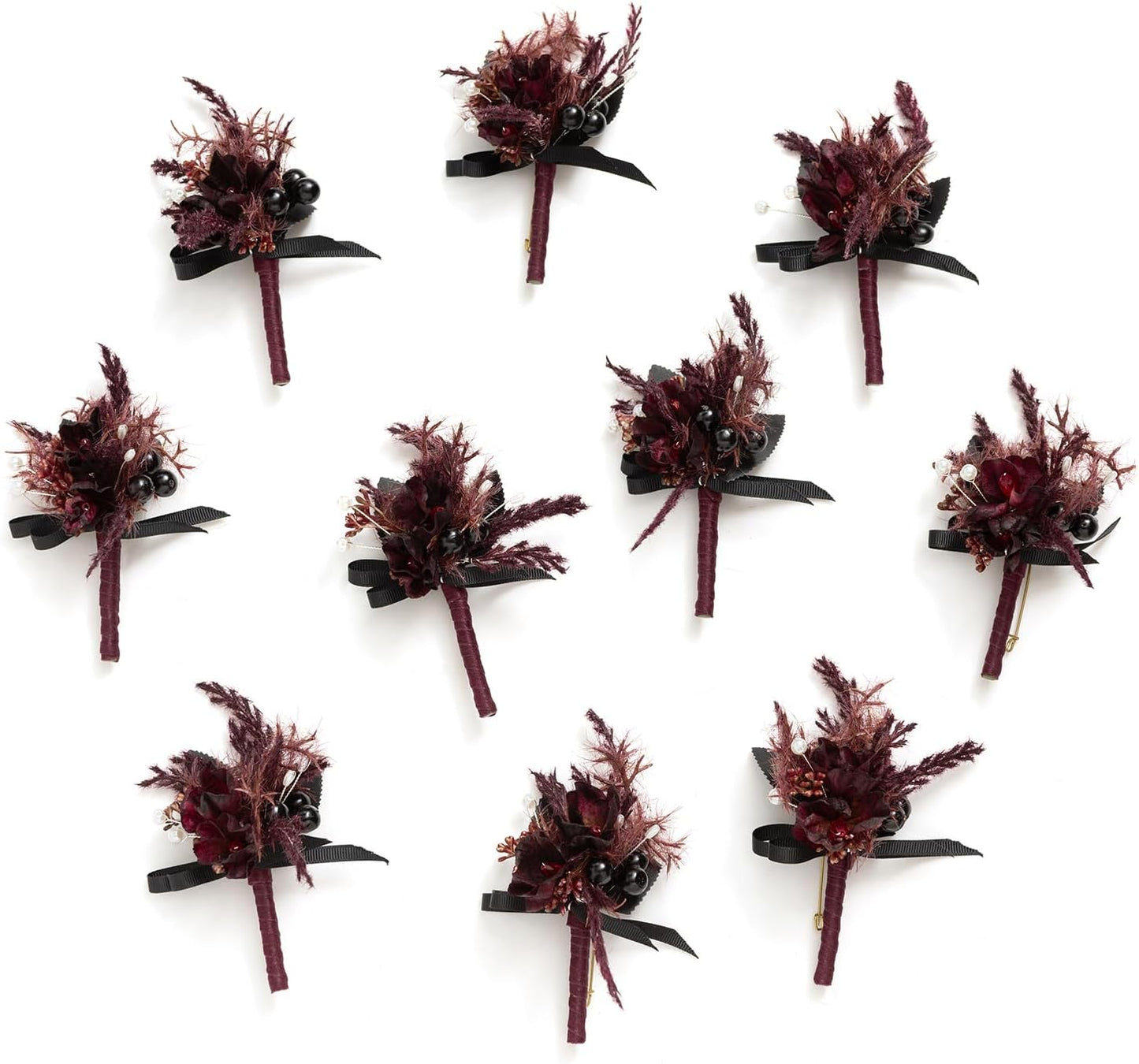 Ling's Moment Boutonniere for Men, 10pcs Groomsmen Guest Boutonniere, Artificial Flowers for Wedding Décor/Prom/Homecoming,etc.Black Gothic Burgundy