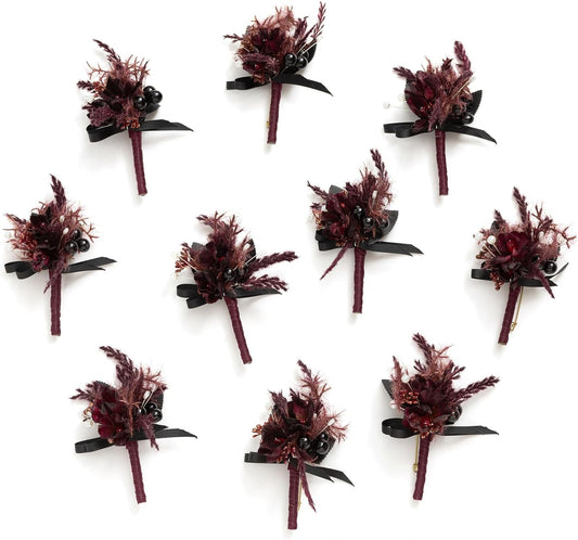 Ling's Moment Boutonniere for Men, 10pcs Groomsmen Guest Boutonniere, Artificial Flowers for Wedding Décor/Prom/Homecoming,etc.Black Gothic Burgundy