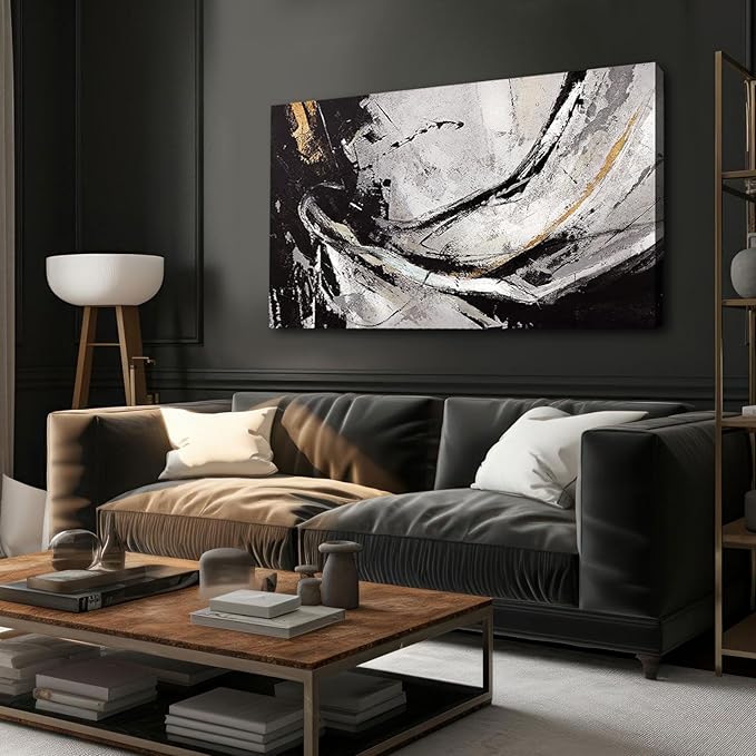 XIANSHOU Black and White Wall Art for Living Room/ 24x48 Inches Abstract Painting/Modern Artwork for Bedroom Home Office Wall Decorations